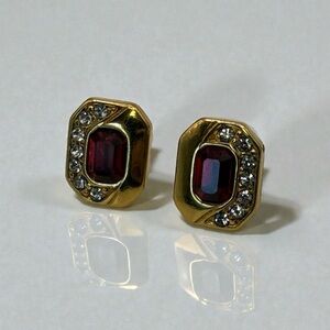 Vintage Monet Signed Gold-Tone Red Rhinestone & Crystal Accent Stud Earrings